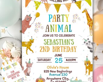 Invito di compleanno a tema safari nella giungla, animali ad acquerello, invito per feste modificabile (download digitale)