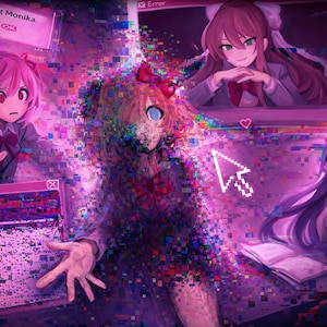 Pode incluir: Uma ilustração digital com quatro personagens de estilo anime num ambiente com efeito glitch em tons vibrantes de roxo e rosa. Uma personagem central dissolve-se em pixéis coloridos, enquanto outras aparecem em janelas com a etiqueta Error.