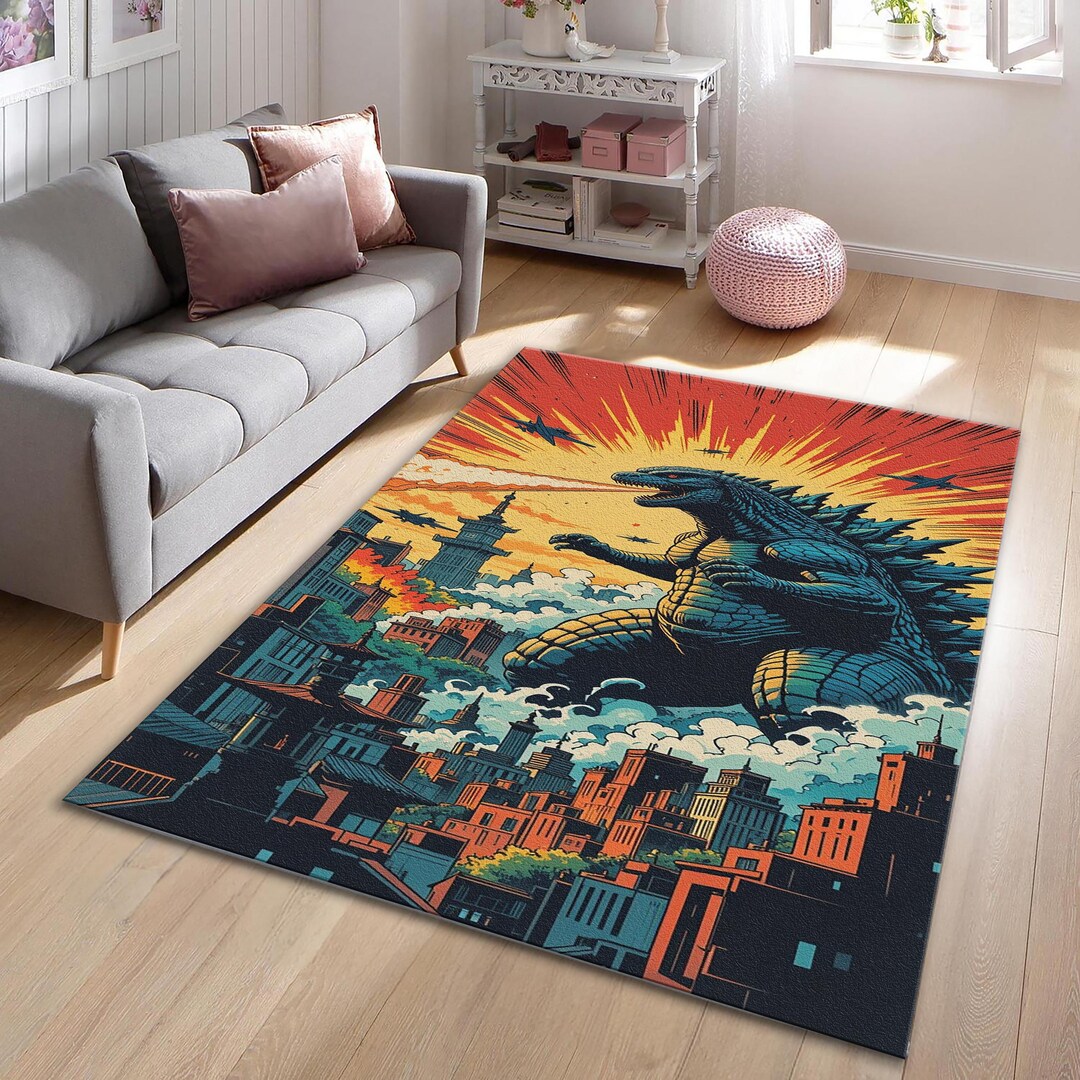 Retro Kaiju Comic Rug, Giant Monster City Area Rug, Japanese Vintage ...