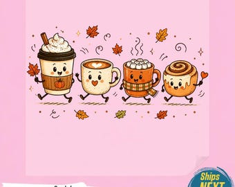 Cute Fall Drinks PNG, Sweet Coffee Cinnamon Roll Shirt Design, Playful Pumpkin Spice Hot Cocoa , Warm Kawaii Autumn Vibes,Ready To Press