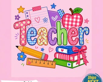 Cute Teacher Shirt PNG, Colorful Back to School Design, Bright Playful Teacher Apple Book , Happy School Vibe Teacher Life,Ready To Press