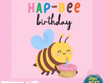 Hapbee Birthday PNG, Cute Bee Birthday , Wholesome Celebrate Graphic, Cheerful Honeybee Pun Clipart, Retro Kids Party Print,Ready To Press