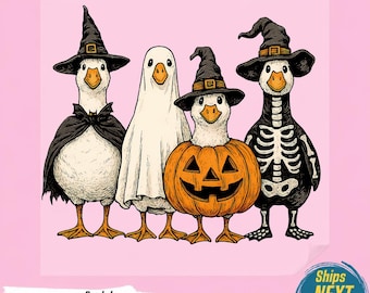 Spooky Cute Halloween Goose PNG, Funny Ghost Goose Shirt Design, Silly Witch Pumpkin Skeleton Ducks , Playful Vintage Fall,Ready To Press