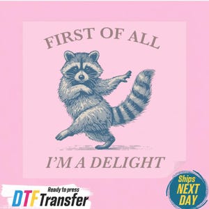 May include: A pink graphic featuring a raccoon in a dancing pose. The raccoon is blue and white with the text "FIRST OF ALL I'M A DELIGHT" in brown. The image also includes "DTF Transfer" text.