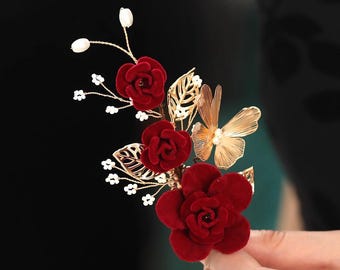 Fermaglio per capelli con rosa rossa, fermaglio per capelli da sposa con farfalla dorata in velluto, fermaglio per capelli a forma di fiore, regalo di San Valentino, regalo di compleanno per donne, regalo per la mamma
