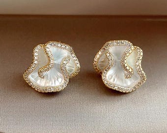 French Elegance Camellia Earrings, Dainty Wavy Flower Studs, Gold Plated Mother of Pearl CZ, Bridal Jewelry, Bridesmaid Gift, Birthday Gift