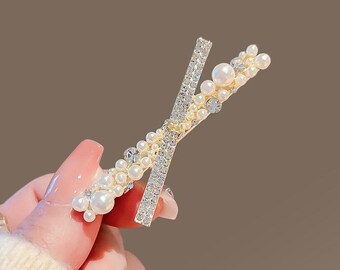Fermaglio per capelli a croce con perle e strass – Fermaglio/coquette con perle e cristalli dorati per matrimoni, elegante accessorio per tutti i giorni
