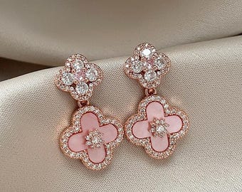 Vintage Romantic Pink Clover Dangle Earrings | Rose Gold Pave Crystal Drop Earrings | Wedding Earrings | French Elegant Daily Office Jewelry