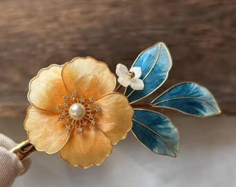Velvet Art "La primavera non finisce mai" - Fermaglio per capelli in stile cinese con fiore di velluto, patrimonio culturale immateriale, fermaglio per capelli laterale per donna, forcine per capelli