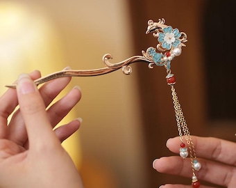 Phoenix Enamel Flower Hair Stick, Gold Vintage Tassel Hair Pin with Pearl & Red Agate, Traditional Hanfu Wedding Hair Accessory for Women
