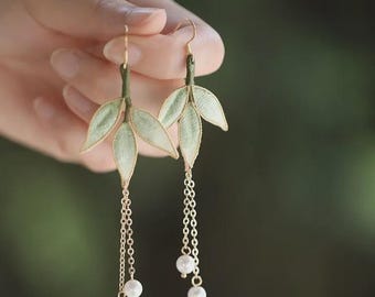 Silk Bamboo Leaf Dangle Earrings, Handmade Thread Wrapped Leaf Pearl Tassel Drop Earrings, Oriental Cottagecore Wedding Bridal Ear Jewelry
