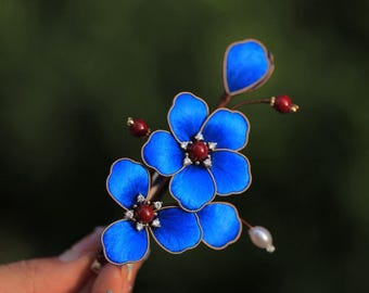 Handmade Blue Silk Velvet Flower Hair Clip,Vintage Hair Clip, Intangible Cultural Heritage Ronghua Craft, Bridal Hair Accessory for Wedding