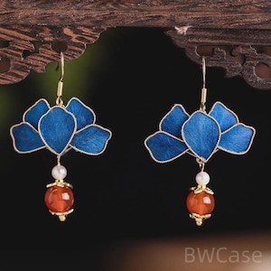 Handmade Blue Velvet Flower Earrings, Ronghua Filigree Kingfisher Inspired Dangle Earrings, Antique Look Dangle Earrings,Intangible Heritage