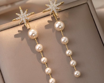 Orecchini pendenti da sposa con perle, orecchini lunghi con nappe a stella dorata, argento sterling ipoallergenico, regalo di nozze, regalo per la festa della mamma