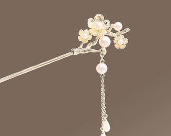 Fermaglio per capelli a forma di fiore di pruno color argento, forcina a goccia con nappa di perle, elegante accessorio per capelli da sposa, regalo premuroso per compleanno o festa della mamma.
