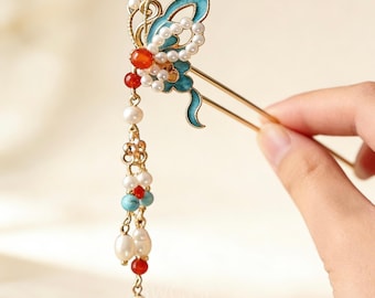 Fermaglio per capelli a farfalla blu cloisonné, fermaglio per capelli corto con nappe per bambini, forcina per capelli in filigrana smaltata per bambini, accessorio per capelli Hanfu per bambina