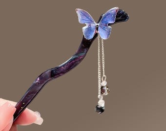 Horquilla con borla de mariposa de ensueño, horquilla china de acetato azul púrpura, accesorio vintage de hadas para el cabello, tocado nupcial, regalo para ella.