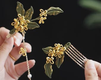 Kanzashi Osmanthus Hair Clip, Handmade Chinese Ancient Style Hairpin, Delicate Yellow Daily Wear Side Clip, Traditional Hair Accessories