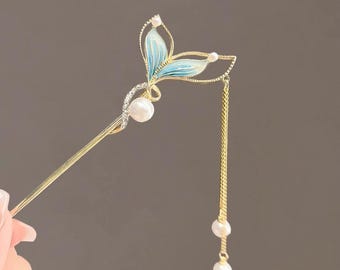 Fermaglio per capelli a forma di coda di sirena blu fatto a mano, forcina con nappa di perle smaltate, accessorio per capelli Hanfu in stile cinese, elegante accessorio per capelli da sposa.