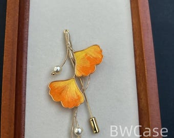 Handmade Ronghua Ginkgo Leaf Brooch & Hairpin – Mulberry Silk Velvet Flower, Chinese Traditional Craft, Unique Souvenir Gift for Wome