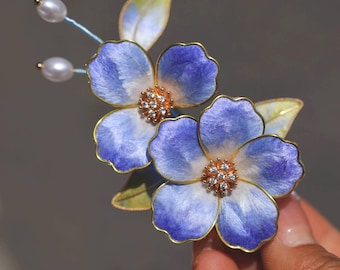 Blue Double Flower Hair Clip, Gold Edged Velvet Floral Barrette, Cottagecore Elegant Oriental Hair Jewelry, Wedding Bridal Hair Accessory