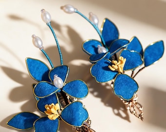 Fermaglio per capelli in velluto blu, fermaglio per capelli floreale stile martin pescatore, accessorio per capelli con piuma artificiale di martin pescatore, fermaglio per capelli Hanfu per tutti i giorni, regalo elegante
