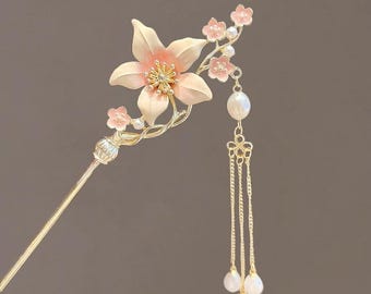 Fermaglio per capelli floreale rosa, forcina con fiore e nappa di perle, accessorio per capelli da sposa cinese Hanfu, elegante regalo romantico per donne