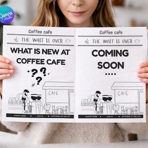 Puede incluir: Una persona sostiene dos folletos en blanco y negro con el texto "Coffee cafe" y "The wait is over." Un folleto dice "What is new at Coffee Cafe" y el otro dice "Coming soon."