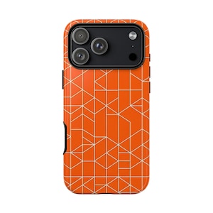 Orange Geometric Phone Case, Modern Grid Pattern, Abstract Line Design, Minimalist Design iPhone Samsung Case, Slim Tough Dual Layer Cover