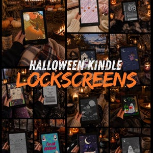 Op de afbeelding: Een verzameling digitale e-readers met diverse Halloween-thema vergrendelingsschermen, waaronder illustraties van pompoenen, geesten, heksen en spinnenwebben, met de tekst HALLOWEEN KINDLE LOCKSCREENS in het midden.
