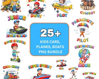 25+ Kids Cars, Planes, & Boats designs. PNG Bundle:  High rez.