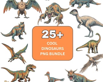 25+ different dinosaur designs. Dinosaur PNG Bundle:  High rez. For T-shirts and art projects