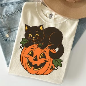 Halloween Cat PNG, Vintage Black Cat Pumpkin Sublimation Design, Cute Spooky Season Digital Download PNG