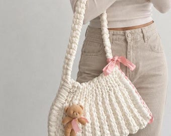 White Crochet Coquette Tote, Recycled T-Shirt Yarn with Teddy Bear