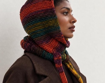 Hand Knit Vegan Sophie Hood, Wool Free Colorful Winter Scarves