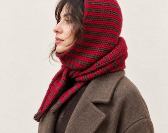 Striped Merino Wool Hood Scarf, Hand-Knit Custom Color Design Scarves