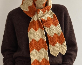 Orange Cream Striped Merino Wool Wool Scarf, Hand Knit Winter Wrap