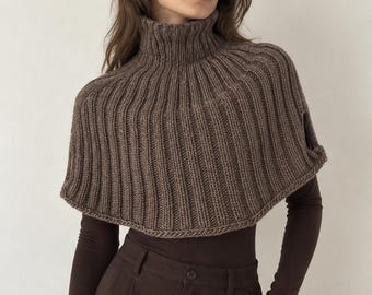 Merino Wool Turtleneck Poncho, Hand Knit Ribbed Capelet