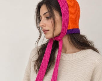 Colorful Merino Wool Bonnet, Hand-Knit Adult Tie Hat