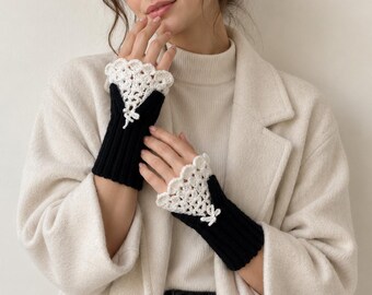 Merino Wool Lace Wrist Cuffs, Handmade Fingerless Gloves