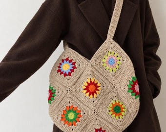 Large Beige Floral Granny Square Cotton Crochet Shoulder Bag