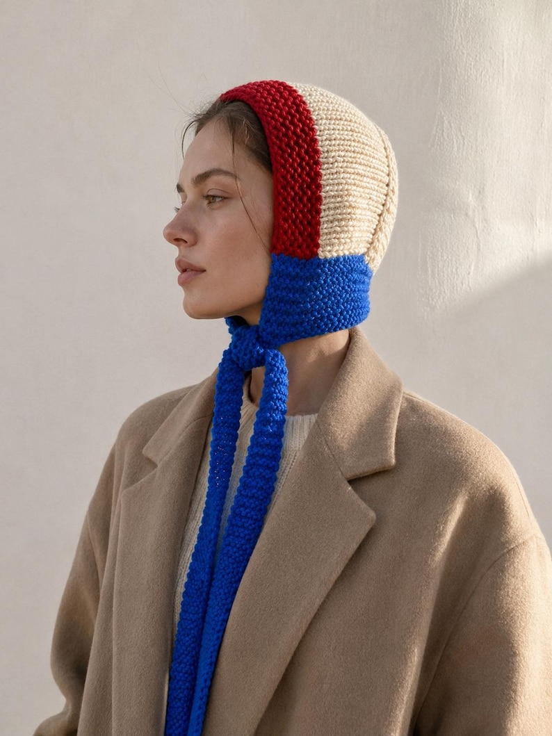 May include: A knit bonnet featuring a color-blocked design with a cream-colored crown, a red band along the front edge, and a bright blue chin strap that ties under the chin. The headwear is crafted with a textured, chunky knit stitch pattern.