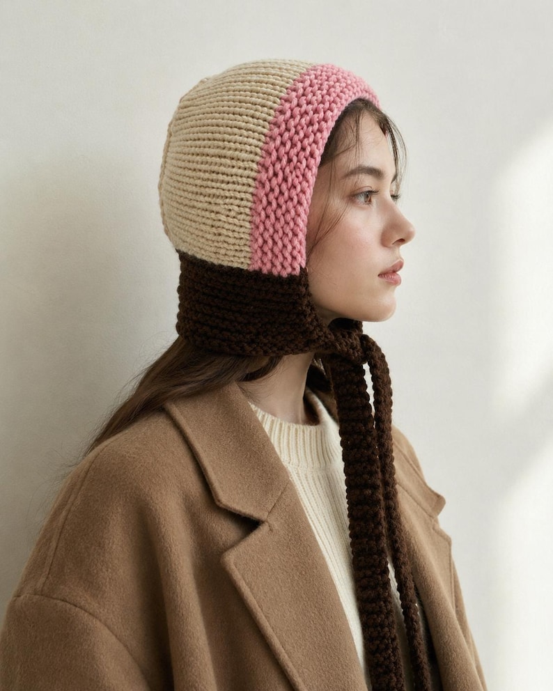 May include: A color-blocked knit bonnet featuring a cream-colored crown, a pink band around the face, and a dark brown neck section with long, thick knitted ties that hang down. The bonnet is constructed with a visible, chunky yarn texture.
