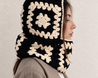 Black Cream Merino Balaclava, Hand-Crocheted Granny Square Winter Hood