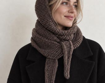 Brown Melange Merino Sophie Hood Scarf, Hand Knit Balaclava
