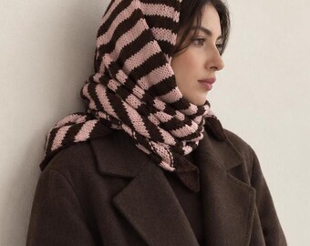 Hand Knit Striped Merino Wool Triangle Scarf, Soft Winter Head Wrap