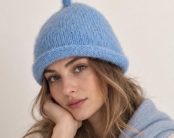 Mohair Hand Knit Top Knot Beanie, Brushed Merino Wool Winter Hat