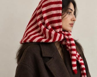 Red Pink Striped Merino Wool Head Scarf, Winter Soft Knit Shawl