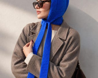 Wool Knit Adult Pixie Bonnet, Handmade Merino Hood Scarf