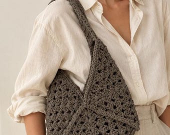 Taupe Crochet Shoulder Bag, Cotton Macrame Tote, Handmade Boho Hobo Purse